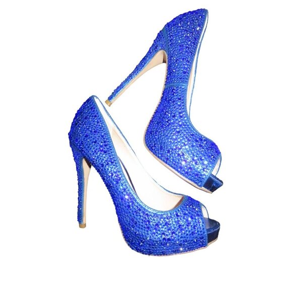 Lauren Lorraine Cobalt Blue Rhinestone Embellished Leather Stilettos Pumps sz 9 - Picture 5 of 13